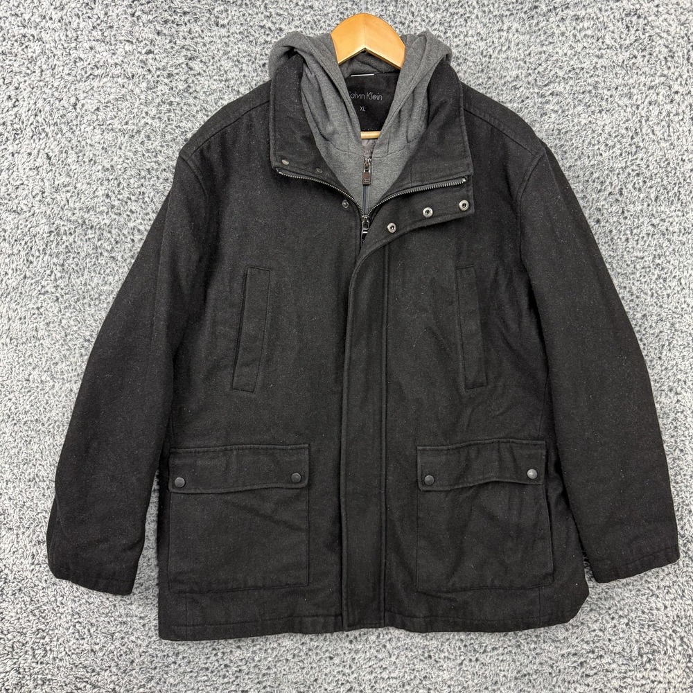 Calvin Klein Jacket Mens XL Black Wool Blend Hooded Parka Zip Lined Zip Out Hood